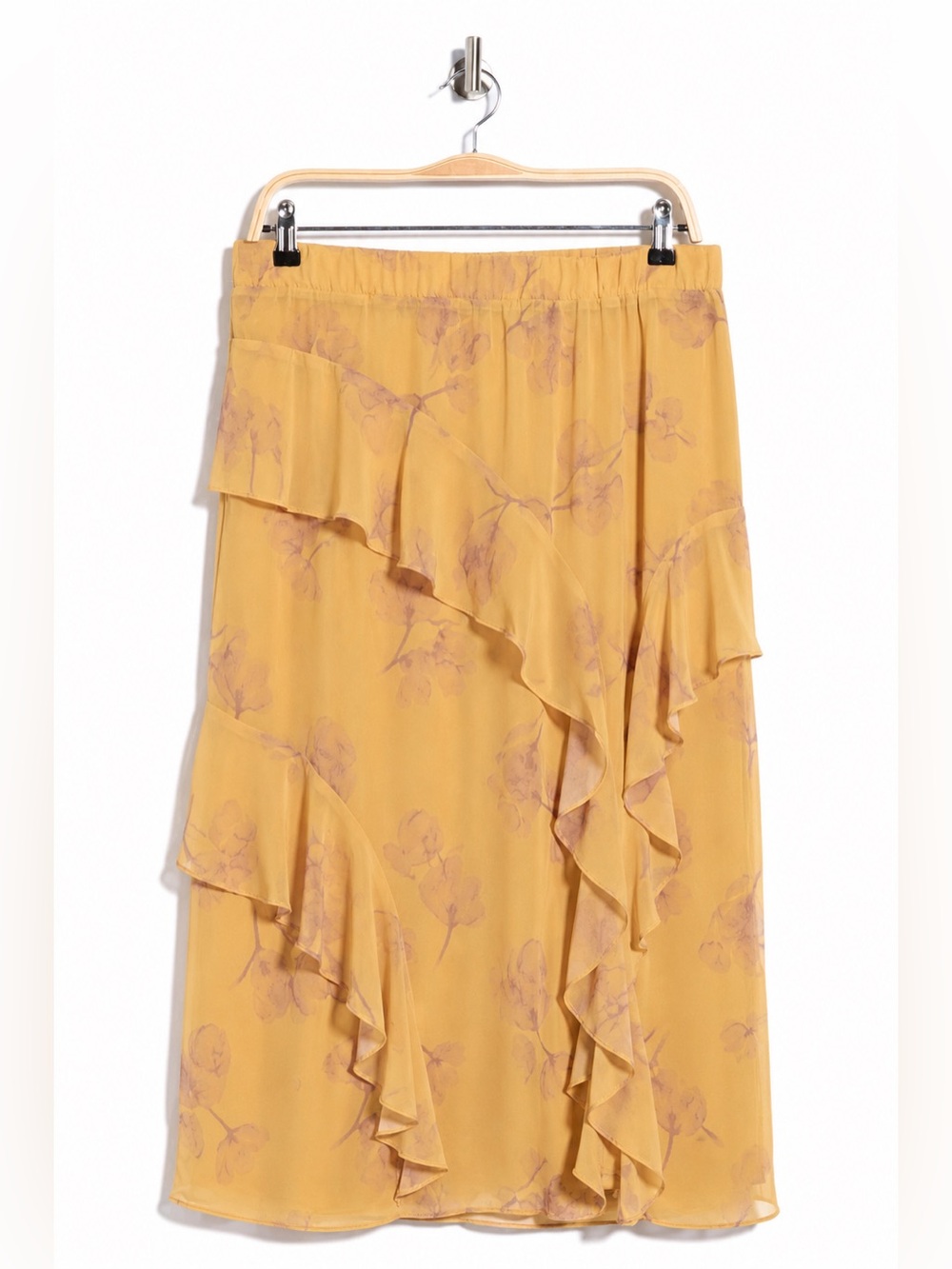 Nicole Miller Yellow Floral Ruffled Maxi Skirt Large